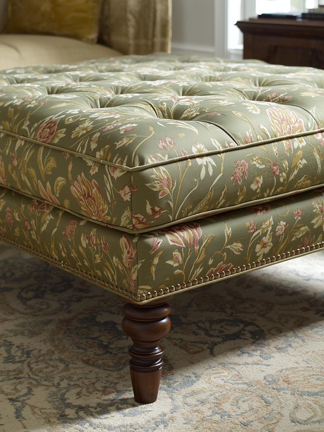 Emmy Green Floral Wood Leg Ottoman - Image 3