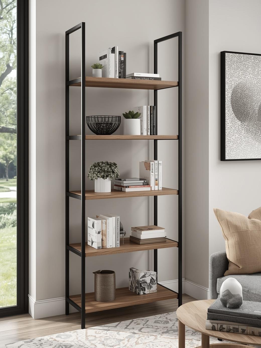 Parkview 5 Tier Metal & Wood Veneer Bookshelf - Image 3